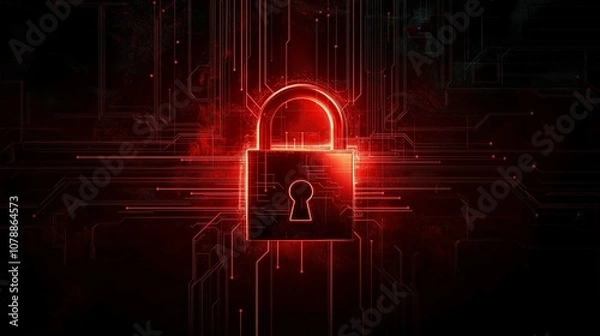 Fototapeta Abstract Digital Lock Symbol with Red Glow and Circuit Board Background for Cybersecurity and Data Protection Themes in Technology and Privacy