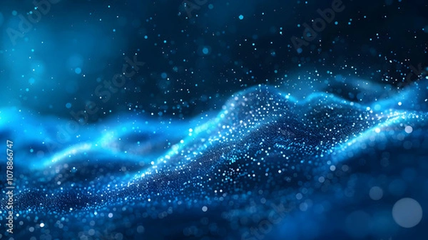 Fototapeta Abstract 3D Blue Background with Shimmering Particles and a Wavy Surface, Evoking a Sense of Depth and Motion