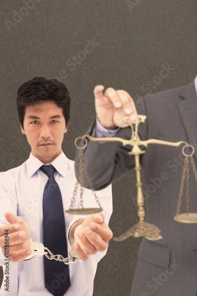 Fototapeta Composite image of male lawyer holding scale and gavel
