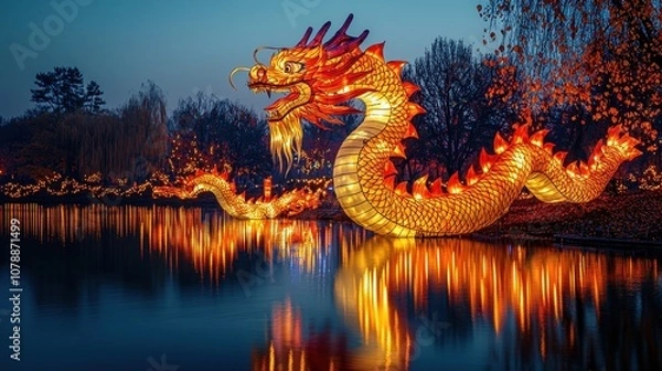 Fototapeta A mystical dragon-shaped lantern floating above a lake reflecting on the still water Celebrating the Year of the Dragon with a magical and serene ambiance A scene of hope and peace under the 