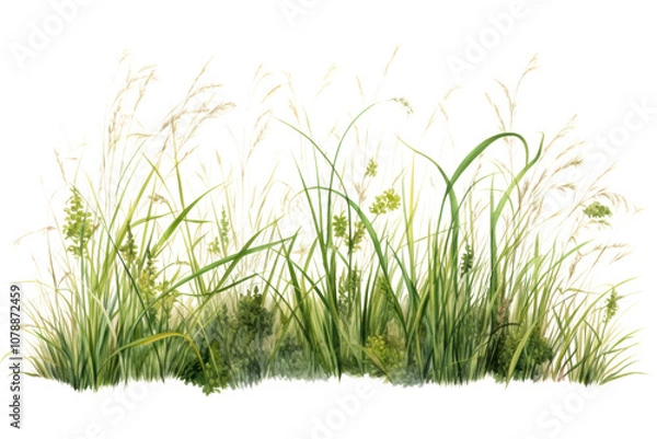 Obraz A patch of tall, untamed grass with delicate seed heads and vibrant green stems, isolated on a white background.