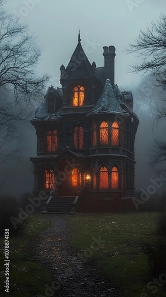 Fototapeta A large, old house with numerous windows in the style of Gothic architecture, with warm light inside and eerie lights outside, surrounded by dark trees on an autumn evening