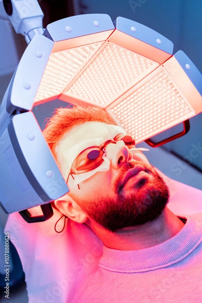 Fototapeta Vertical shot of a young bearded Caucasian man in his 20s and 30s undergoes low-frequency hair laser therapy to increase blood circulation. LLLT or Low Frequency Laser concept.