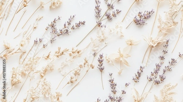 Fototapeta Tranquil Lavender and Dried Flowers Flat Lay on Light Background, Emphasizing Delicate Textures of Nature