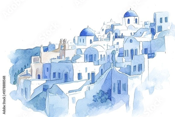 Fototapeta Artistic watercolor of Santorini. Watercolor of the famous city of Oia. Old famous mills. Romantic holidays and a nice souvenir. Oia, Santorini, Greece
