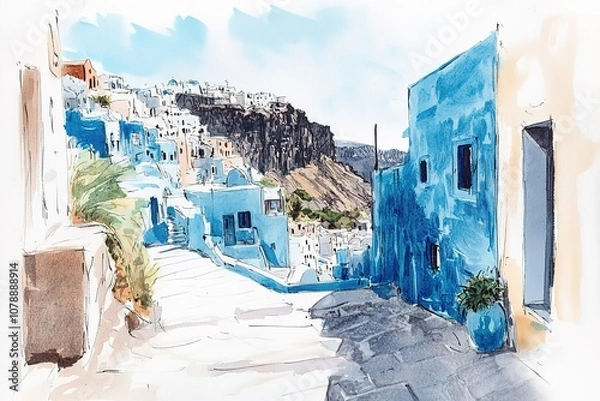 Fototapeta Artistic watercolor of Santorini. Watercolor of the famous city of Oia. Old famous mills. Romantic holidays and a nice souvenir. Oia, Santorini, Greece
