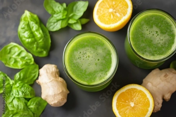 Fototapeta Two glasses of green smoothie with fresh basil leaves, ginger, and lemon on a dark background. Healthy detox drink concept for design and print