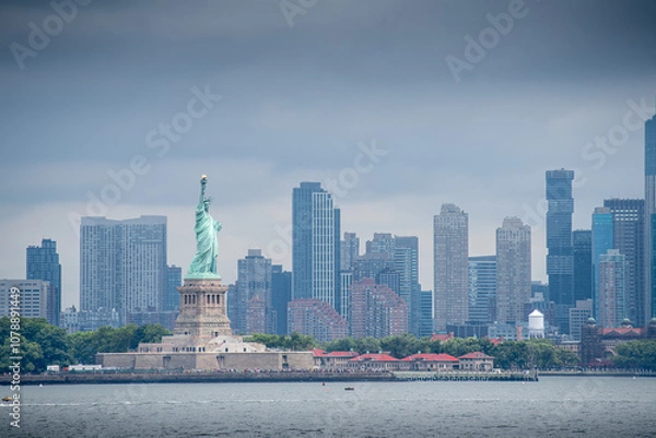 Fototapeta Manhattan skyline panorama with the Liberty island and the statue of liberty in the foreground