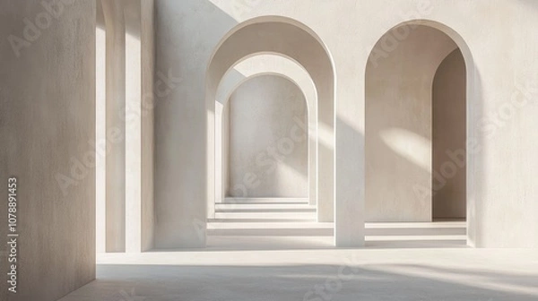 Obraz Minimalist Interior with Elegant Arched Doorways and Soft Natural Light in a Modern Architectural Space