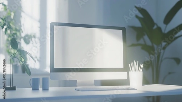 Fototapeta Computer mockup with blank screen on a white table in a bright room with natural light