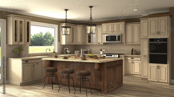 Fototapeta Modern Rustic Kitchen Design Featuring Light Cream Cabinets, Dark Wood Island, Pendant Lighting, Stainless Steel Appliances, and Open Concept Layout with Natural Light