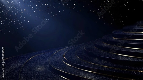 Obraz A dark blue stage with a spotlight and gold trim.
