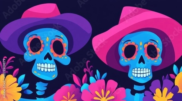 Fototapeta Vibrant sugar skulls inspired by the Day of the Dead, adorned with intricate patterns in bright colors. Each wears a stylish sombrero, set against a backdrop of vivid flowers.