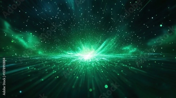 Fototapeta A captivating cosmic scene featuring vibrant green light rays and a starry backdrop, evoking a sense of depth and the infinite universe.