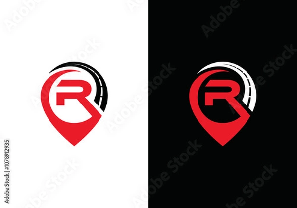 Fototapeta road map logo design template, vector illustration of location point icon and route map with initial letter R for road