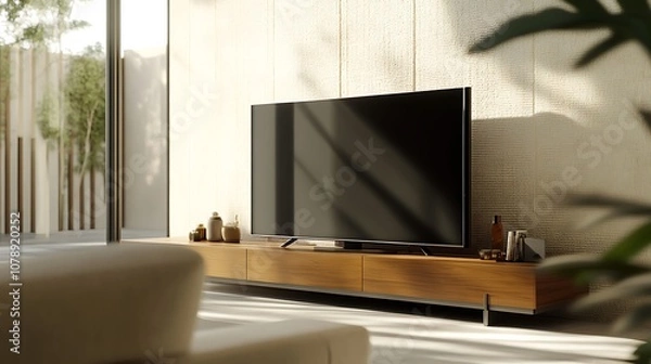 Fototapeta Modern television mockup on a wooden console with decorative items in a bright room
