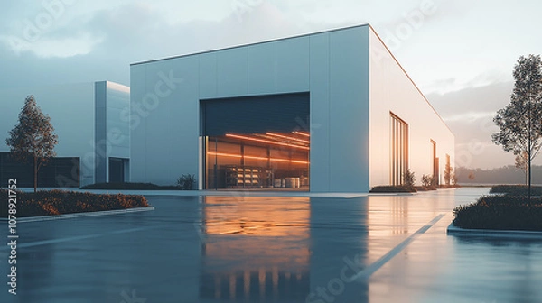 Fototapeta A large white building with a large garage door