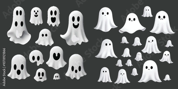 Fototapeta collection of spooky and whimsical ghost vector designs, featuring playful and eerie illustrations. Ideal for Halloween-themed projects, logos, icons, and creative designs with a haunting touch.