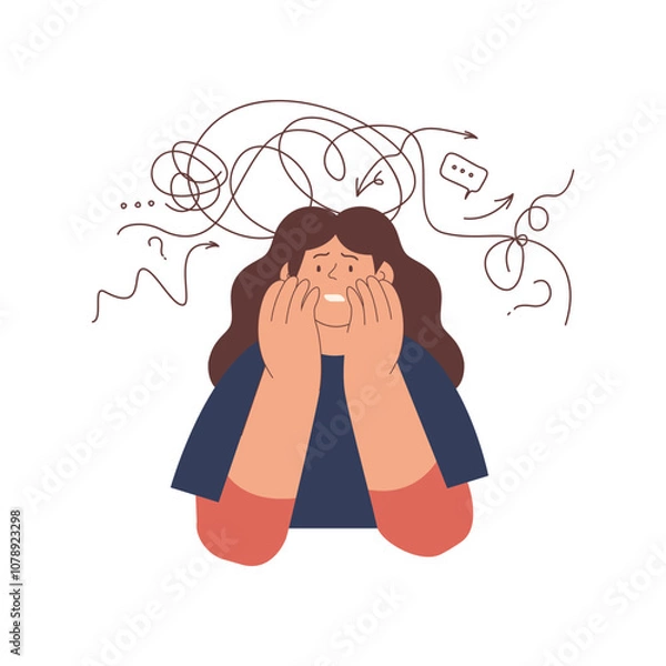 Fototapeta Mental disorders illustration. Frustrated woman with nervous problem feel anxiety and confusion of thoughts. Female with anxiety touch head surrounded by thoughts. Vector flat illustration