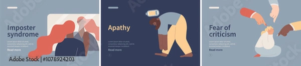 Fototapeta Collection of banners. Imposter syndrome, Apathy, Fear of criticism. Mental disorders. Modern flat vector illustrations