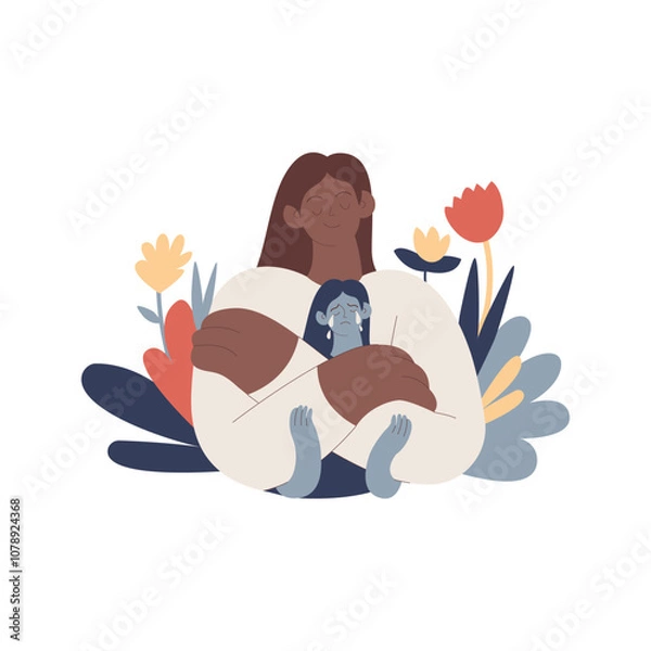 Fototapeta Support your inner child concept. Mental health problems. Blooming flowers on a background. Modern flat vector illustration