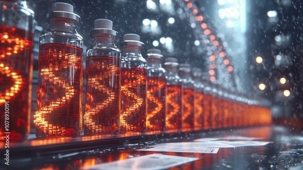 Fototapeta Glowing orange liquid in glass bottles, futuristic setting.