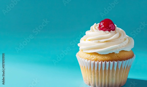 Obraz A white cupcake with a cherry on top vibrant background
