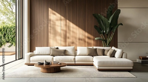 Fototapeta Beautiful Modern Living room Interior with furniture's ,mockup frame , posters, wall -3d Rendering