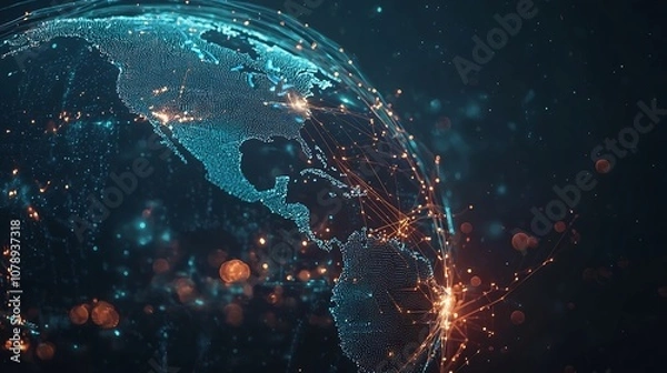 Fototapeta Digital Globe with Glowing Quantum Internet Nodes and Entangled Light Strands