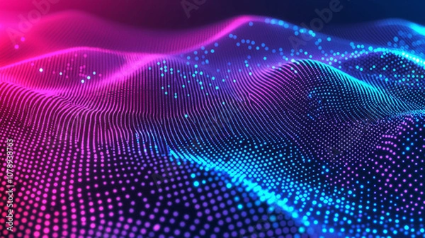 Fototapeta Colorful digital wave patterns illuminated with vibrant pink and blue lights against a dark background