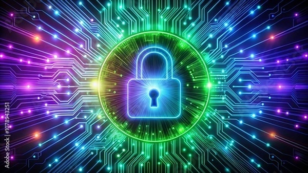 Obraz Futuristic digital lock symbol on a vibrant background with glowing lights and circuit board patterns representing cybersecurity and data protection concepts