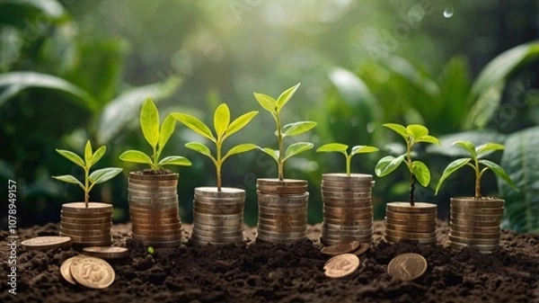 Fototapeta Financial Growth Concept with Coins and Growing Plants