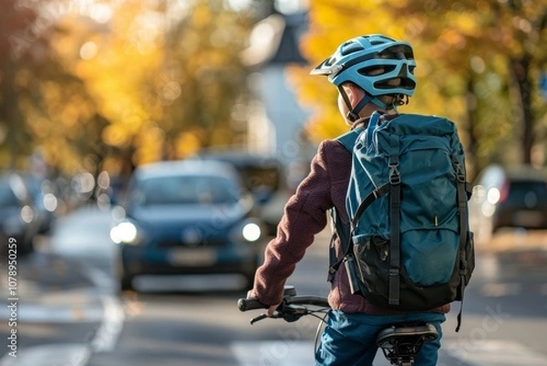 Fototapeta Schoolboy With Helmet And Backpack On Bicycle At Crosswalk On Way To School In Fall.