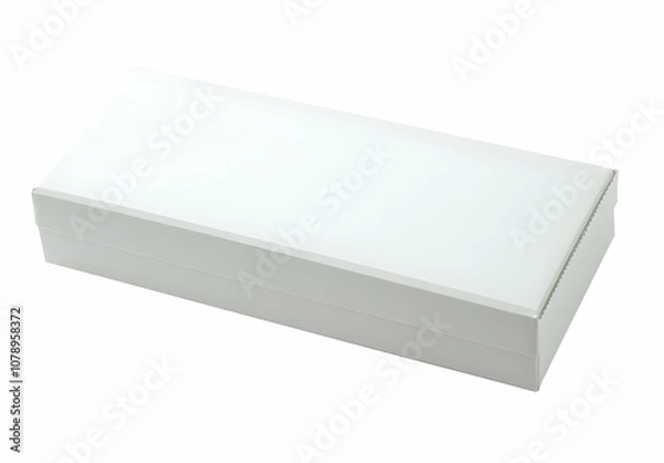 Fototapeta A plain white cardboard box with a closed top and a slightly angled perspective isolated on a white background.