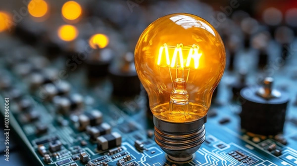 Fototapeta Realistic portrait of an expressive electrical plug in a suit, emitting currents toward a glowing light bulb, symbolizing tech creativity in a futuristic cityscape. Perfect for tech illustrations