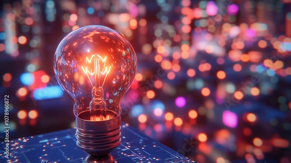 Fototapeta Realistic portrait of an expressive electrical plug in a suit, emitting currents toward a glowing light bulb, symbolizing tech creativity in a futuristic cityscape. Perfect for tech illustrations