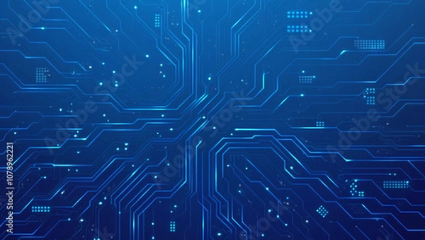 Fototapeta Futuristic vector illustration of a blue circuit board with intricate digital tech elements. Computer motherboard with a chip, processor, and semiconductor. Digital vector illustration