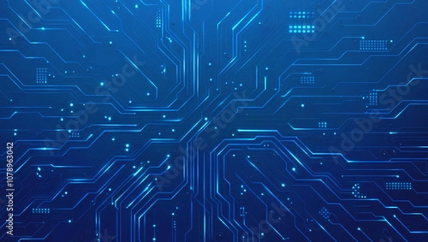 Fototapeta Futuristic vector illustration of a blue circuit board with intricate digital tech elements. Computer motherboard with a chip, processor, and semiconductor. Digital vector illustration