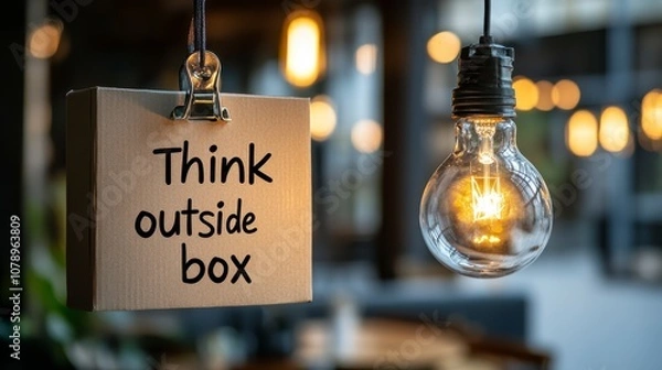 Obraz Think outside the box illuminating innovation and unconventional thinking with a hanging light bulb