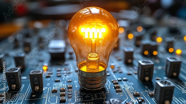 Fototapeta Realistic portrait of an expressive electrical plug in a suit, emitting currents toward a glowing light bulb, symbolizing tech creativity in a futuristic cityscape. Perfect for tech illustrations