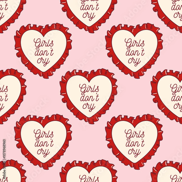 Fototapeta Hearts with frill on pink background. Cute soft girl seamless pattern. Y2k texture with trendy text templates. Wallpaper, wrapping paper, textile design