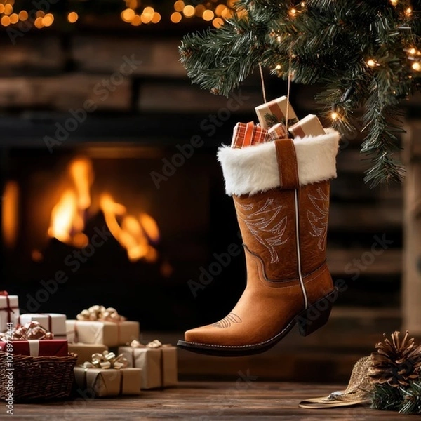Obraz Western cowboy christmas clipart illustration. A festive cowboy boot, adorned with gifts, hangs from a tree, with a warm fireplace and wrapped presents creating a cozy holiday atmosphere.