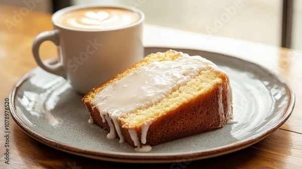 Fototapeta A slice of rich lemon cake topped with sweet icing is placed on a round plate next to a steaming cup of latte. The warm tones of the wood and soft lighting create a cozy atmosphere.
