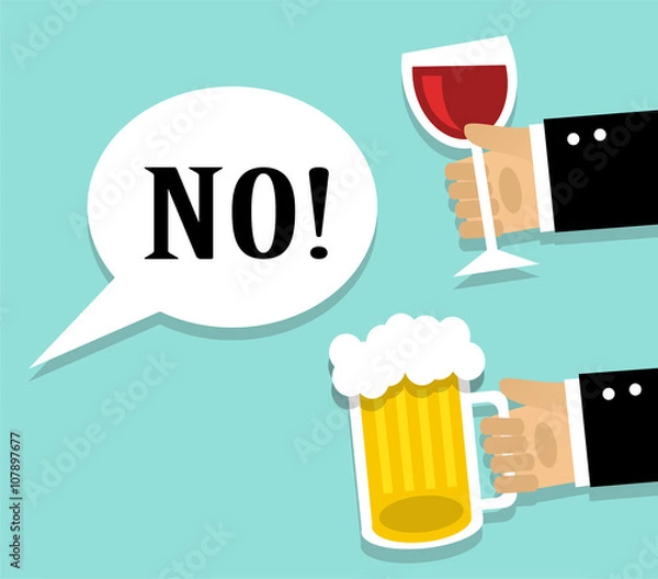 Obraz Hands stretch a cup of wine and beer. Man refuses alcohol