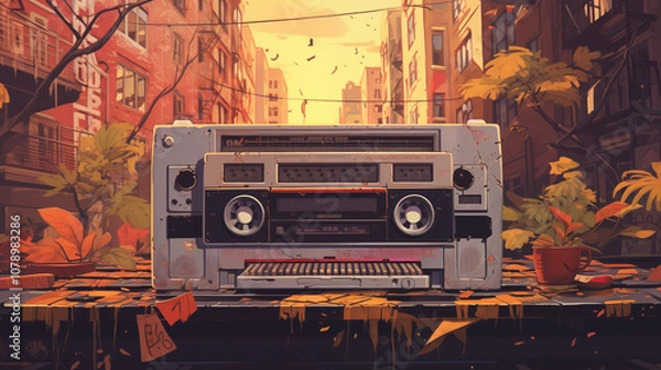 Fototapeta Couverture d'album ou CD, style de musique hip-hop, rap, r&B. Illustration avec coucher de soleil, ville, style urbain. Pour conception et création graphique 