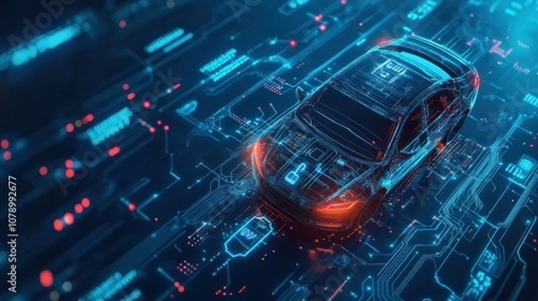 Fototapeta Futuristic car with digital circuitry overlay.
