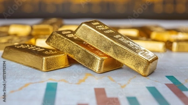 Fototapeta Gold bars with a background of rising economy chart