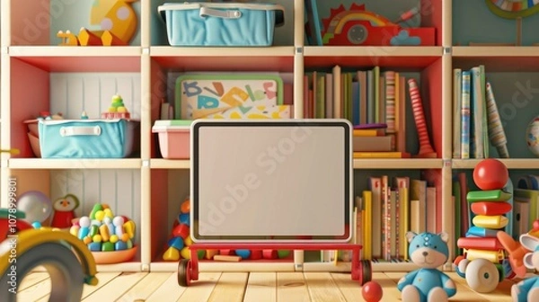 Fototapeta A children's playroom with a blank screen on a tablet, toys and books neatly organized on shelves