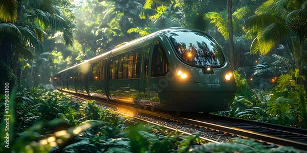 Fototapeta A green modern train in the middle of a tropical jungle with sunlight streaming through the trees, showcasing a blend of technology and nature

