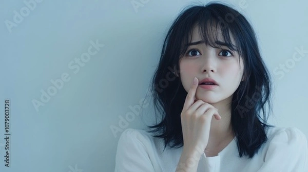 Fototapeta Pensive Japanese Woman in White: Early to Mid-20s, Conveying Worry and Contemplation on a Light Blue Background.